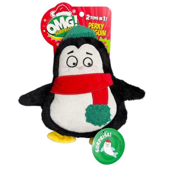 OMG! Surprise Perky Penguin 2 in 1 Dog Toy Plush Chew Christmas Holiday Toss - Picture 2 of 3